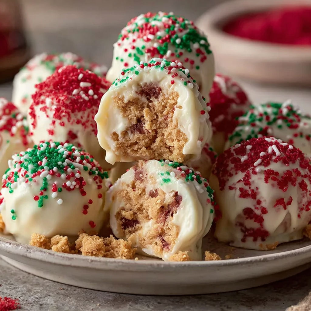 A plate of no-bake christmas cheesecake bites.
