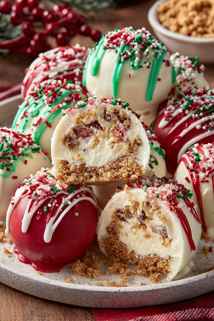 A plate of no-bake christmas cheesecake bites.