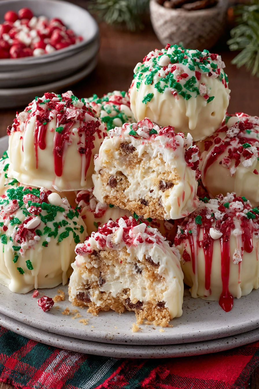 A plate of no-bake Christmas cheesecake bites.