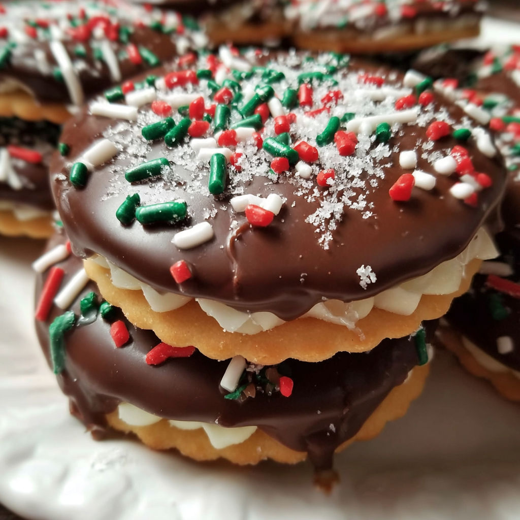 A stack of thin mint ritz cracker cookies.