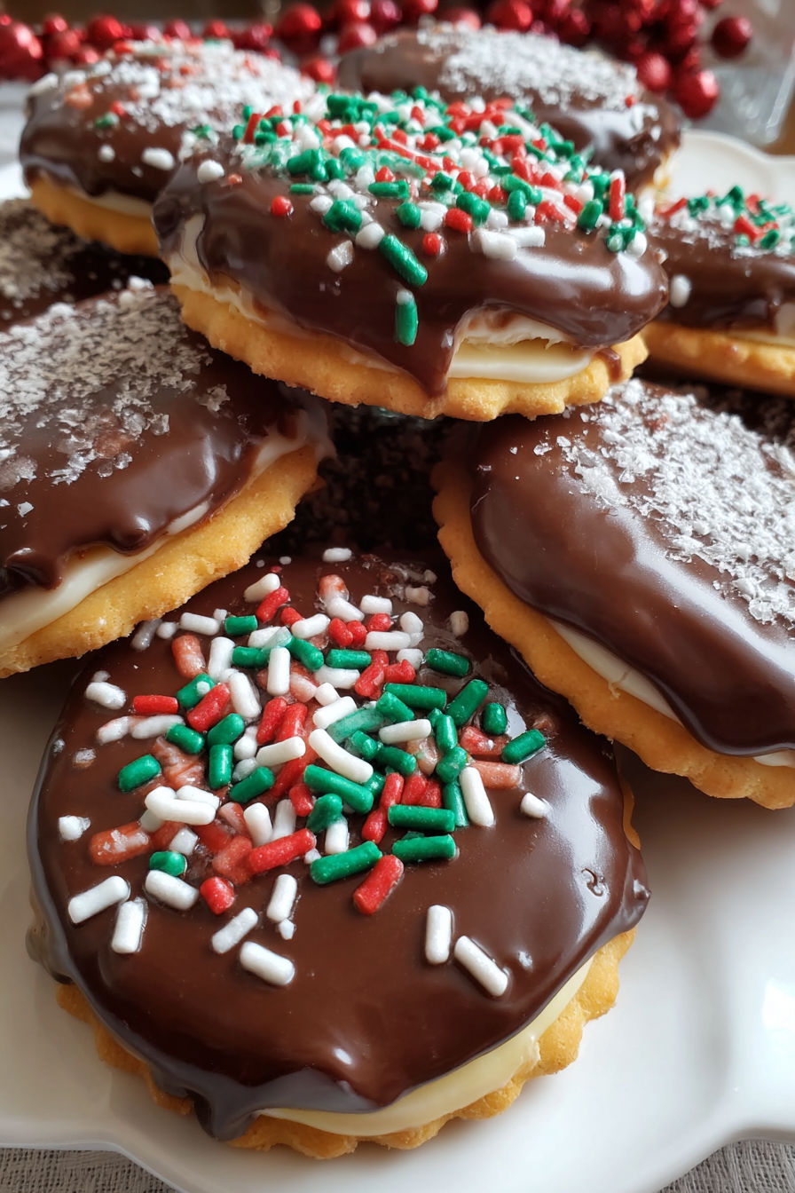 Chocolate cookies with white and green sprinkles.