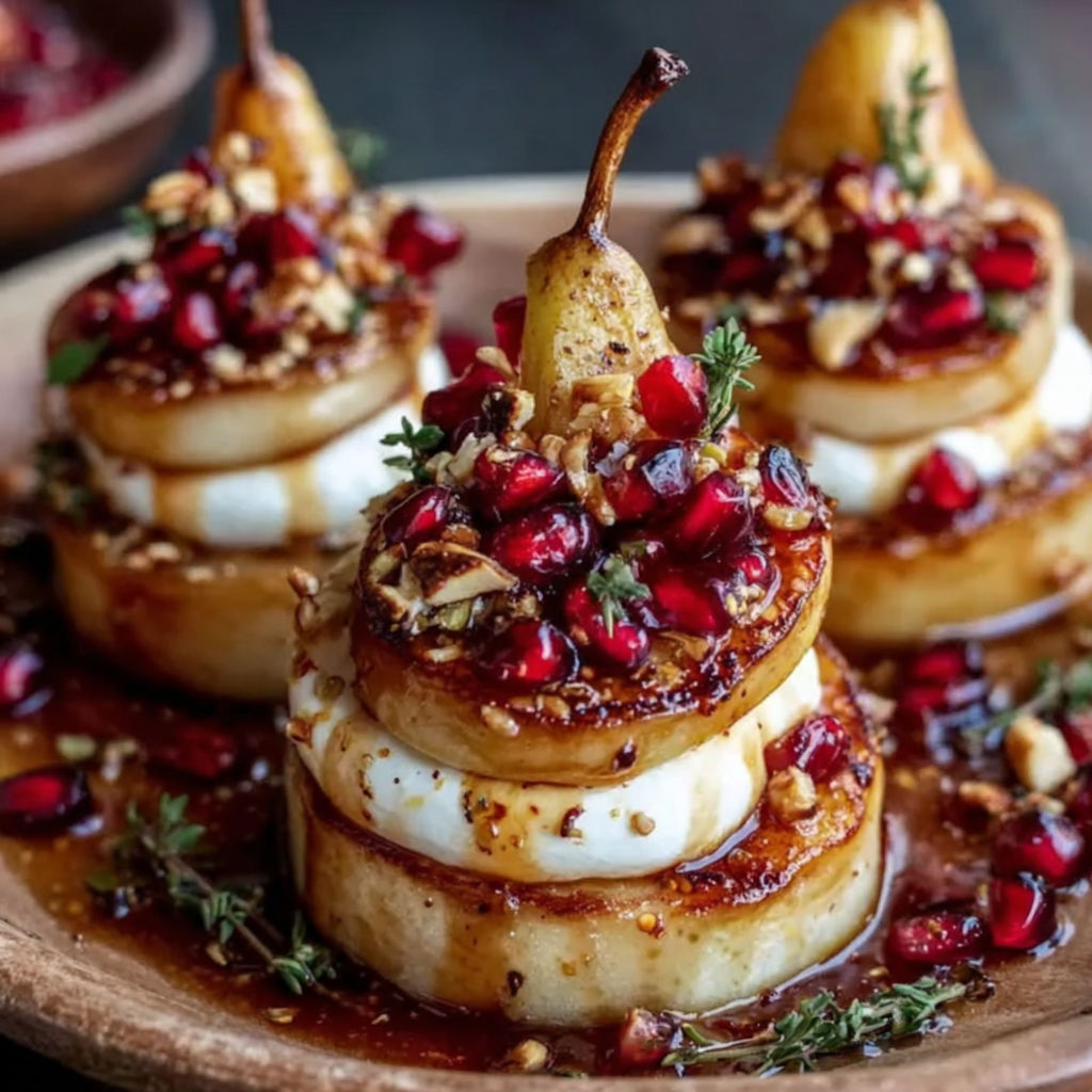 Golden caramelized pear & burrata towers.