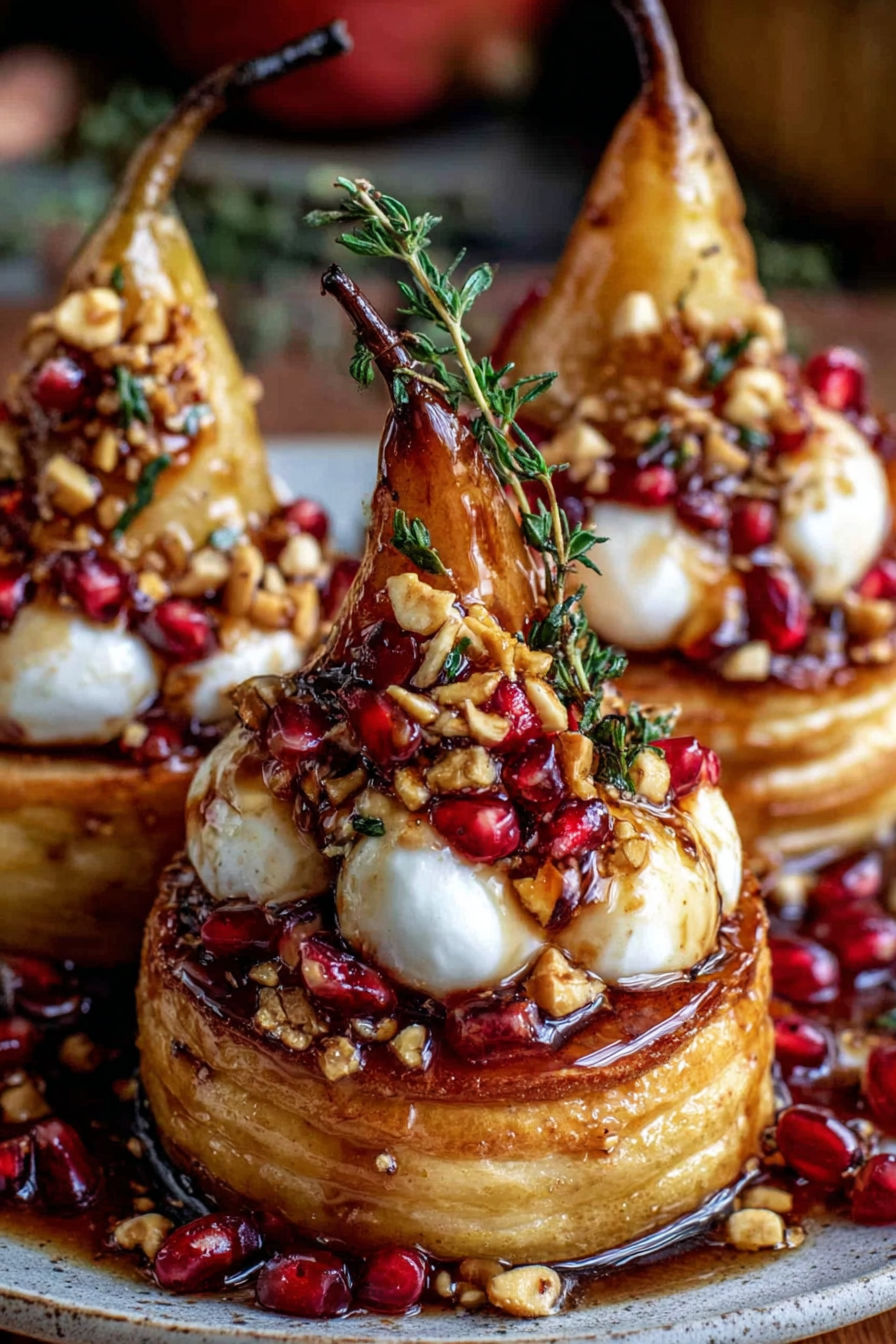Golden caramelized pear & burrata towers.