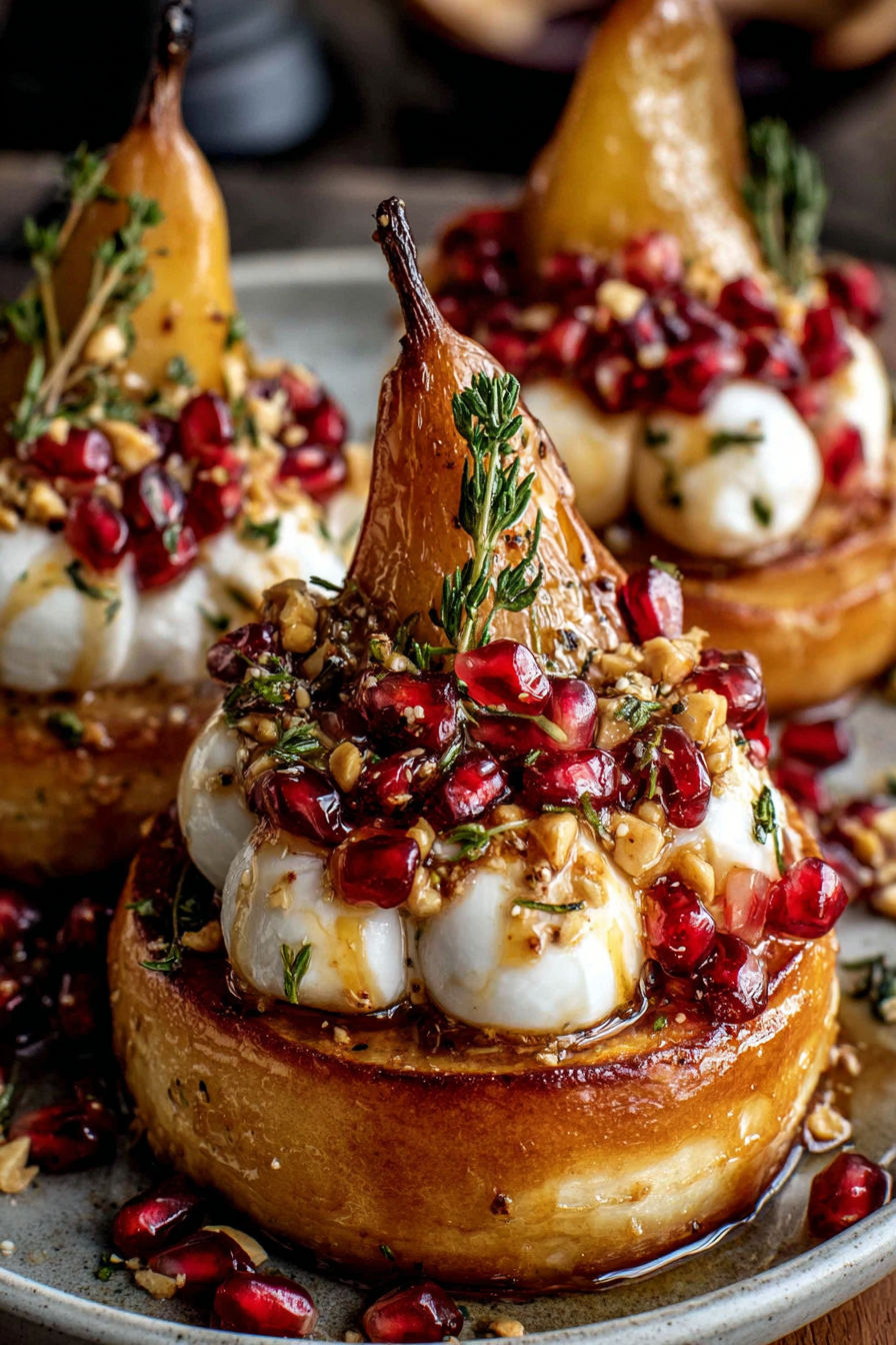 Golden caramelized pear & burrata towers.
