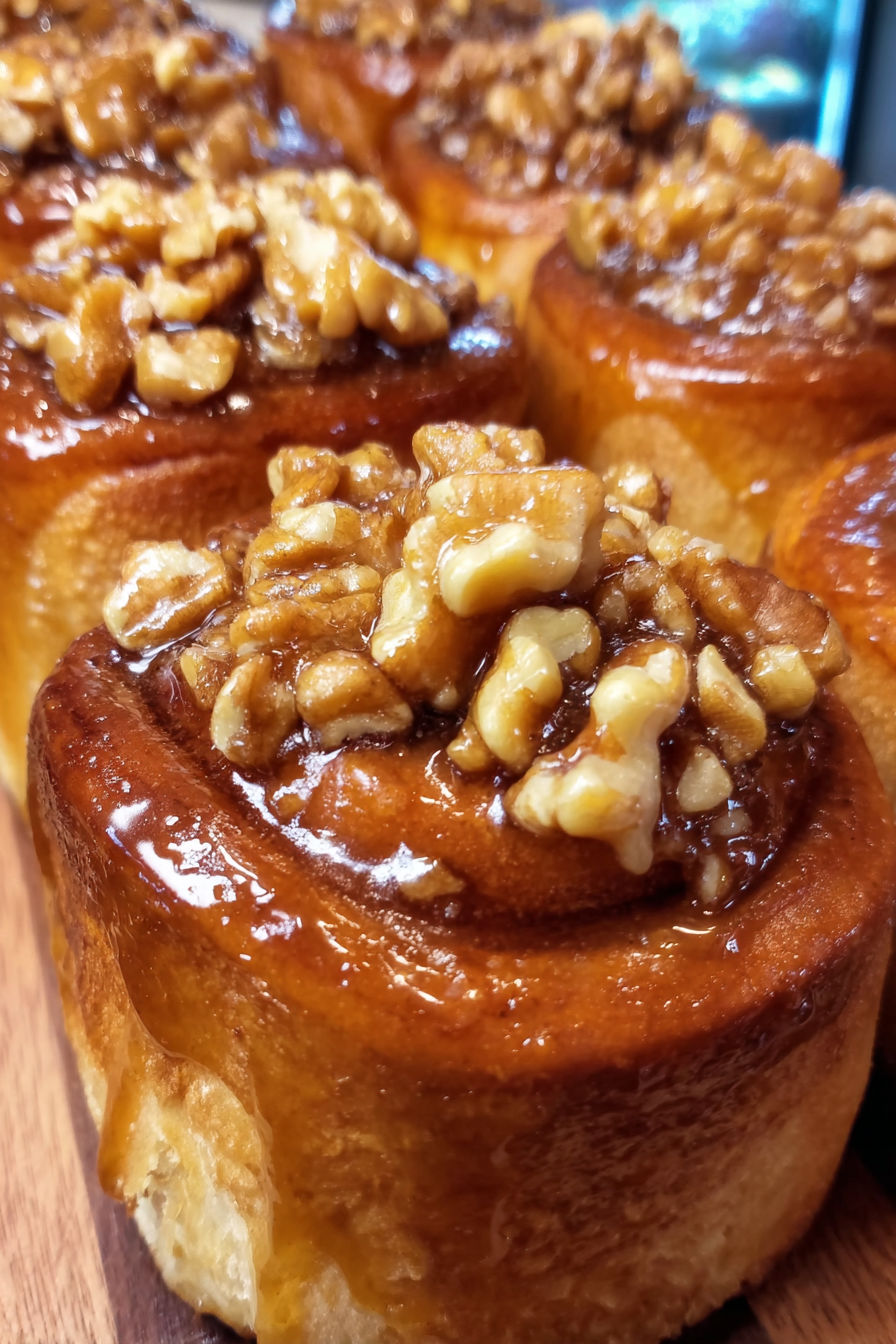 A close up of a cinnamon maple walnut sticky bun.