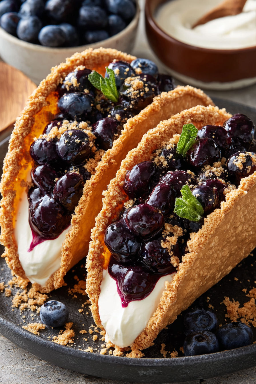 Two blueberry cheesecake taco shells with whipped cream.