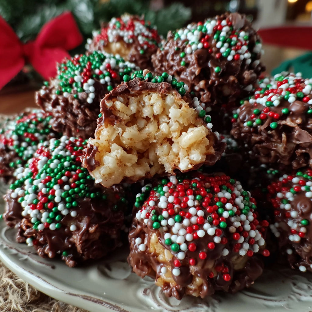 A plate of chocolate rice krispie balls.