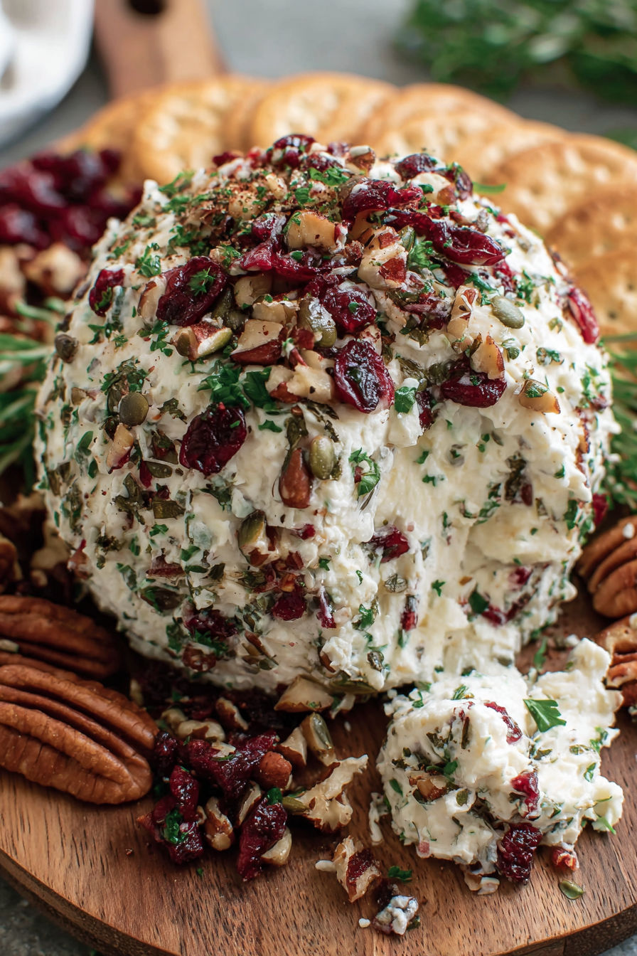 A cheese ball with a variety of toppings.