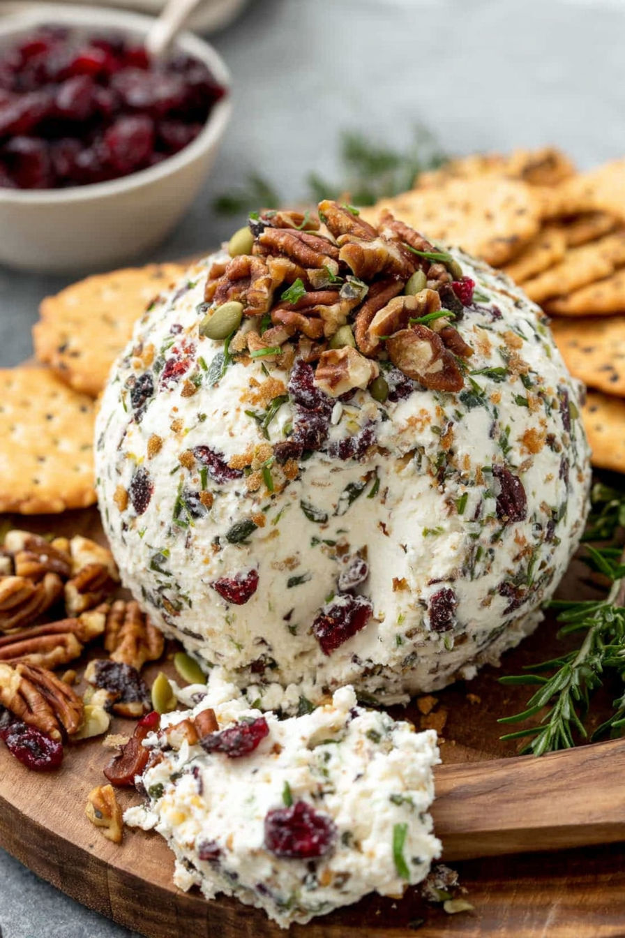A cheese ball with nuts and fruit on top.