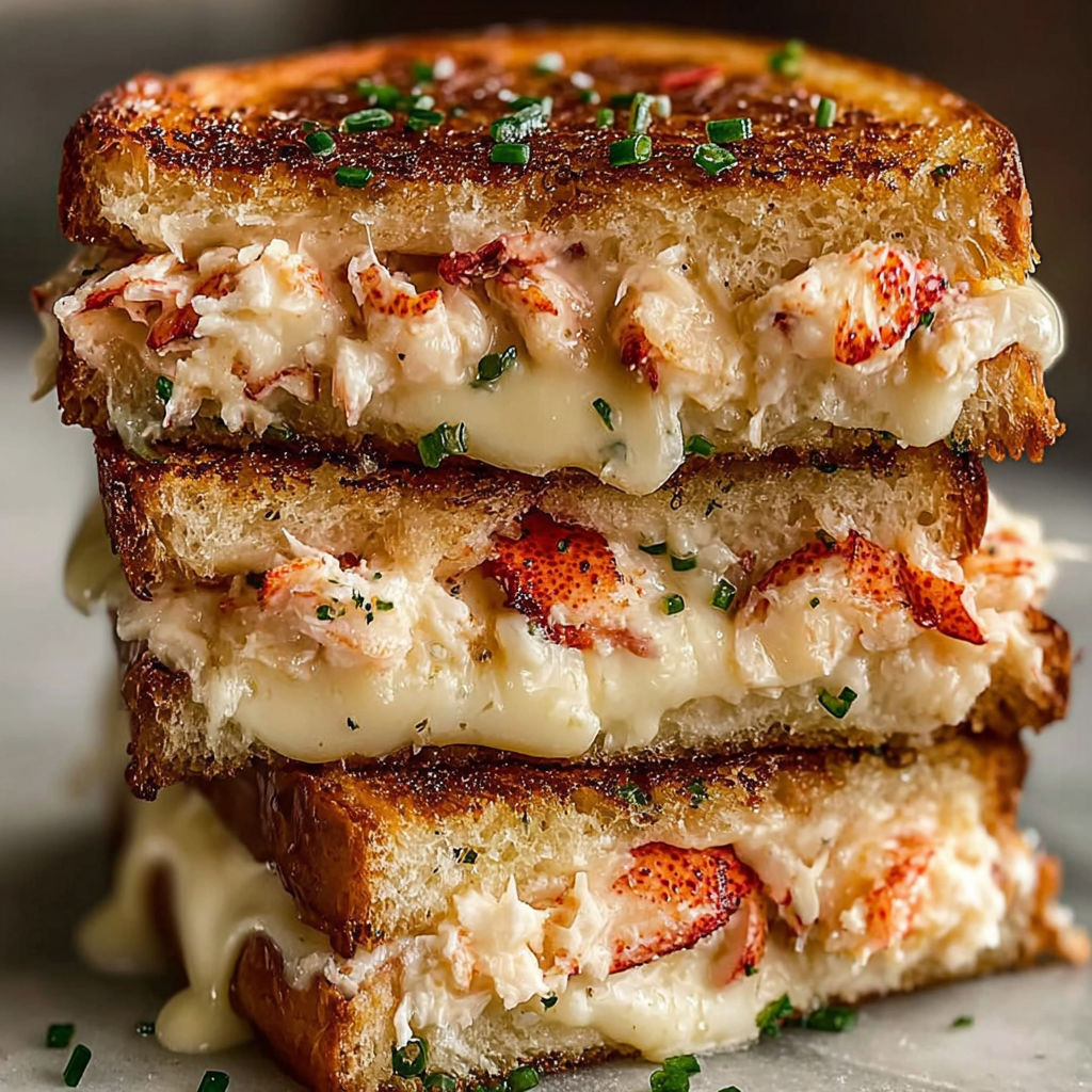 A stack of lobster grilled cheese sandwiches.