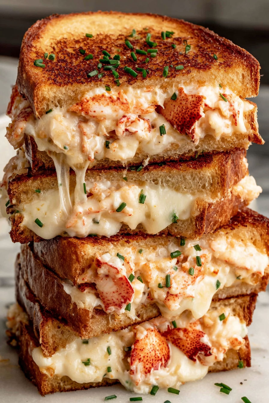 Three grilled cheese sandwiches with lobster.