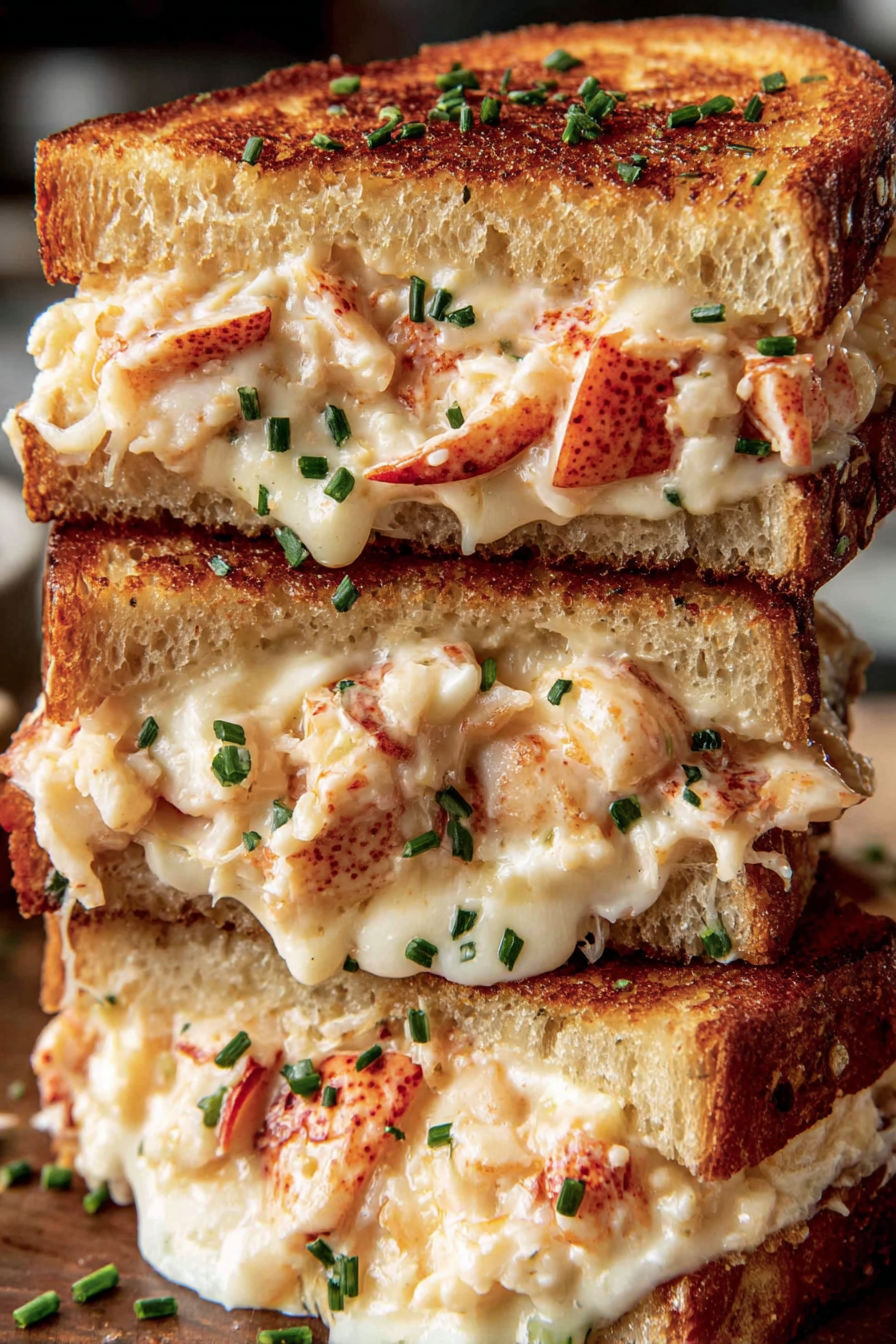 Three grilled cheese sandwiches with lobster on top.