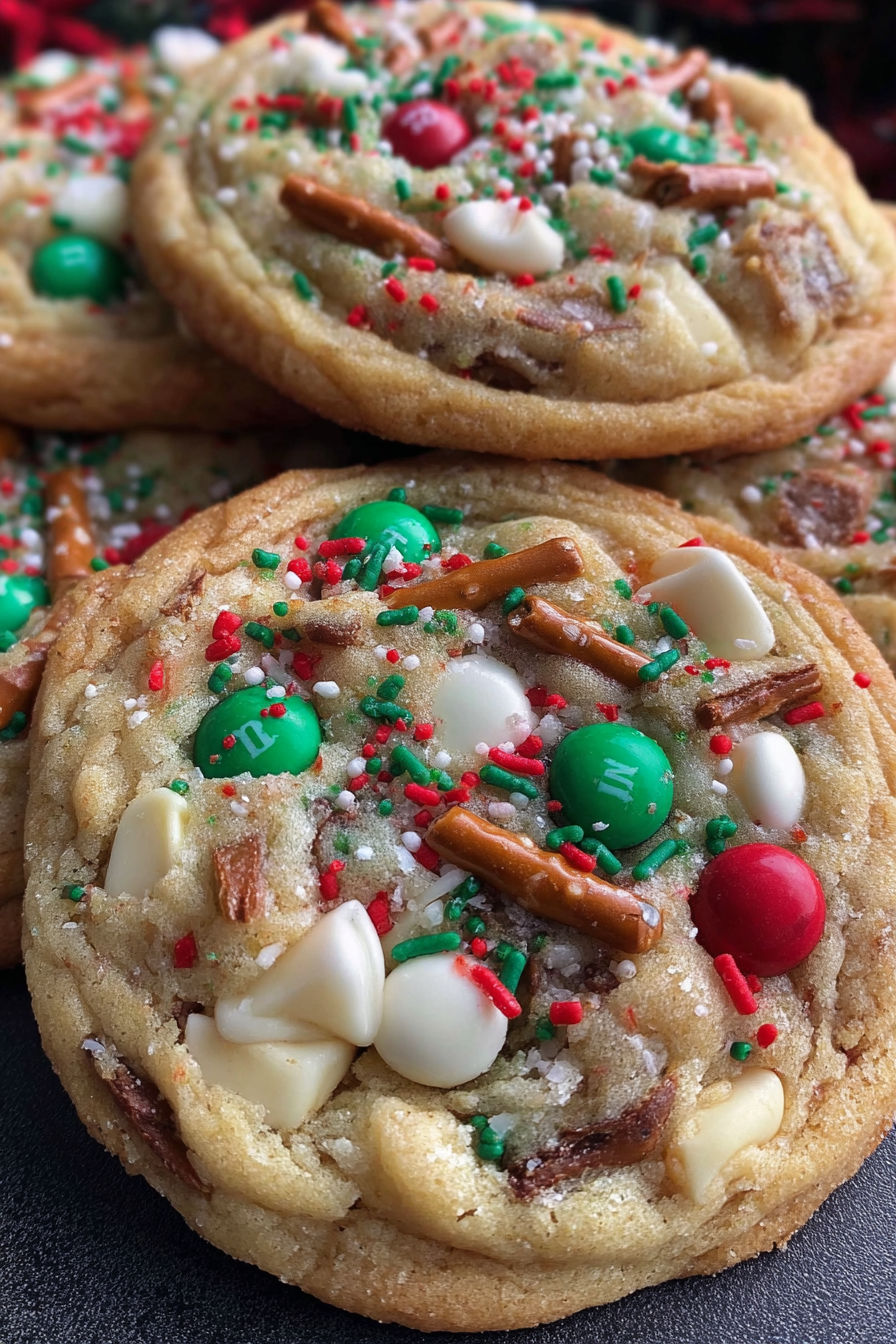 A close up of a Christmas cookie with green and red sprinkles.