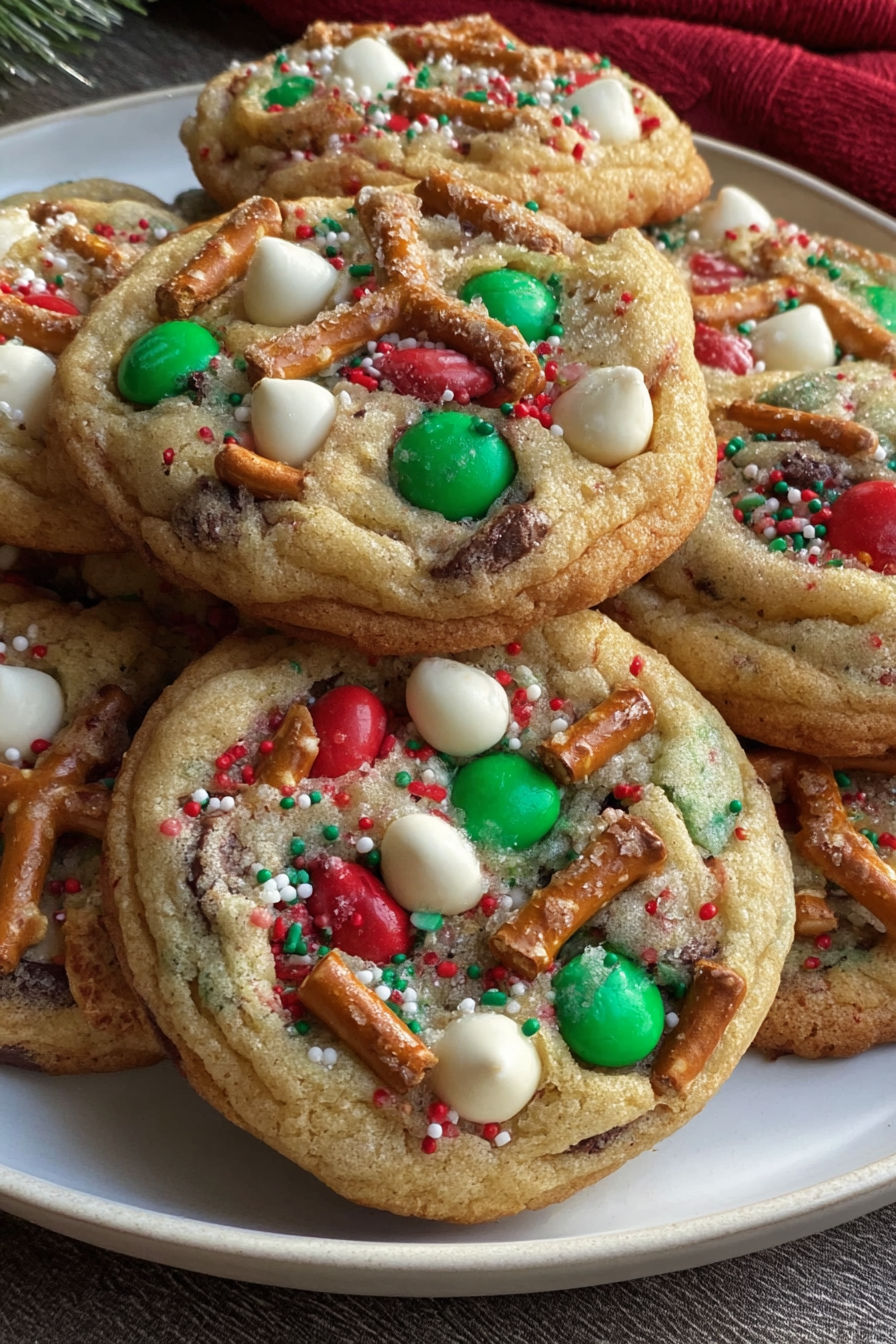 A plate of Christmas cookies with green and red decorations.