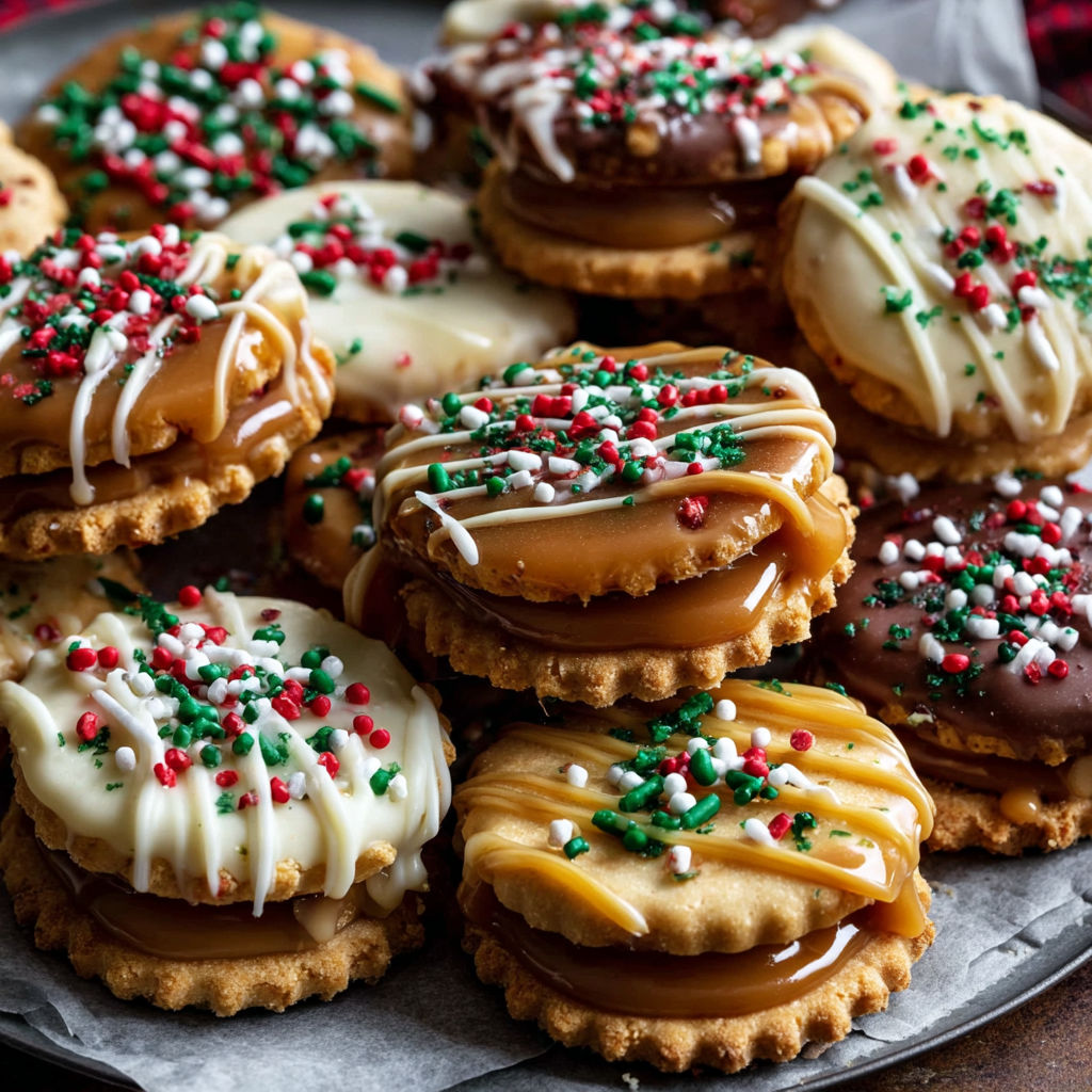 A plate of Christmas cookies with caramel and white icing.