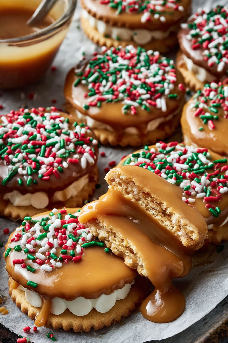 A plate of Christmas cookies with caramel and white icing.