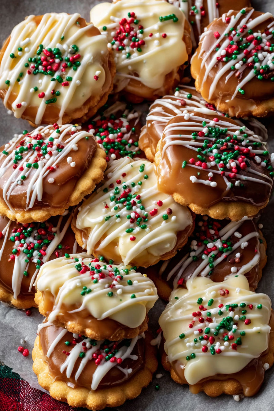 A plate of caramel ritz cracker christmas cookies.