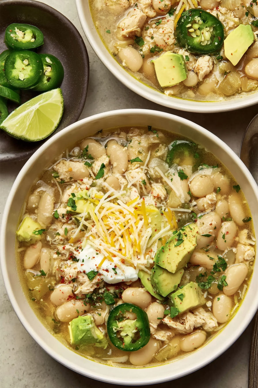 A bowl of chili with avocado and lime.