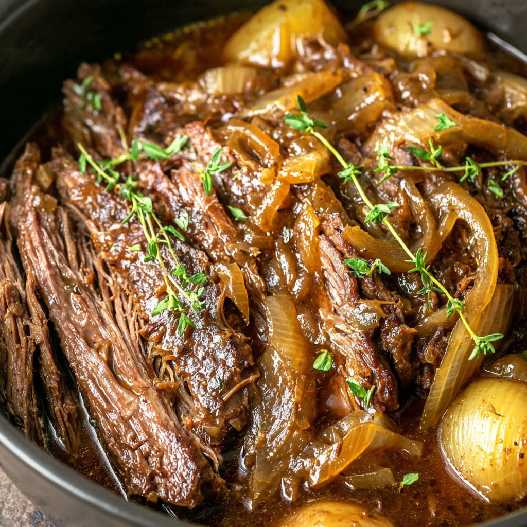 A pot of beef in a slow cooker with onions and herbs.