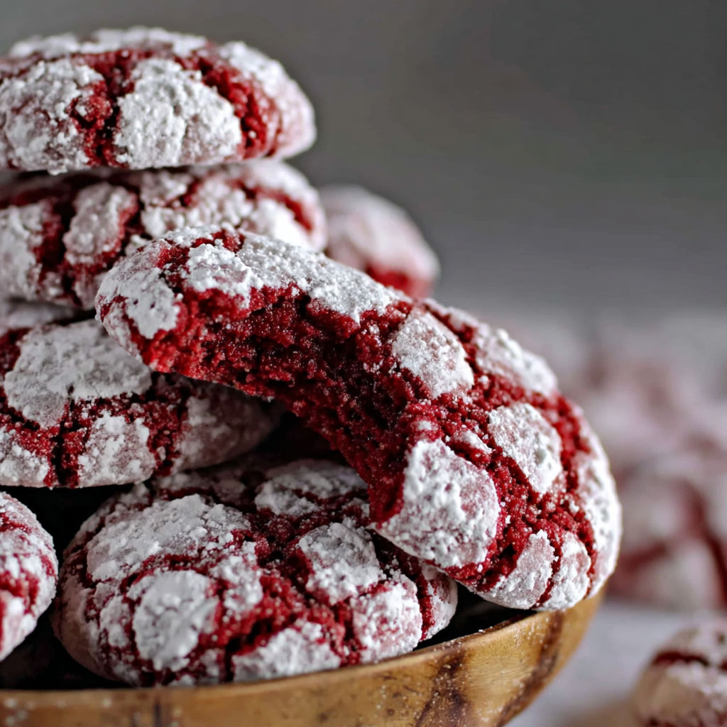 A bowl of red velvet crinkle cookies.