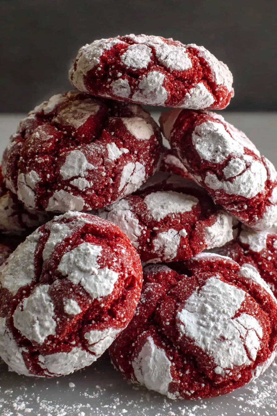 A stack of red velvet crinkle cookies.