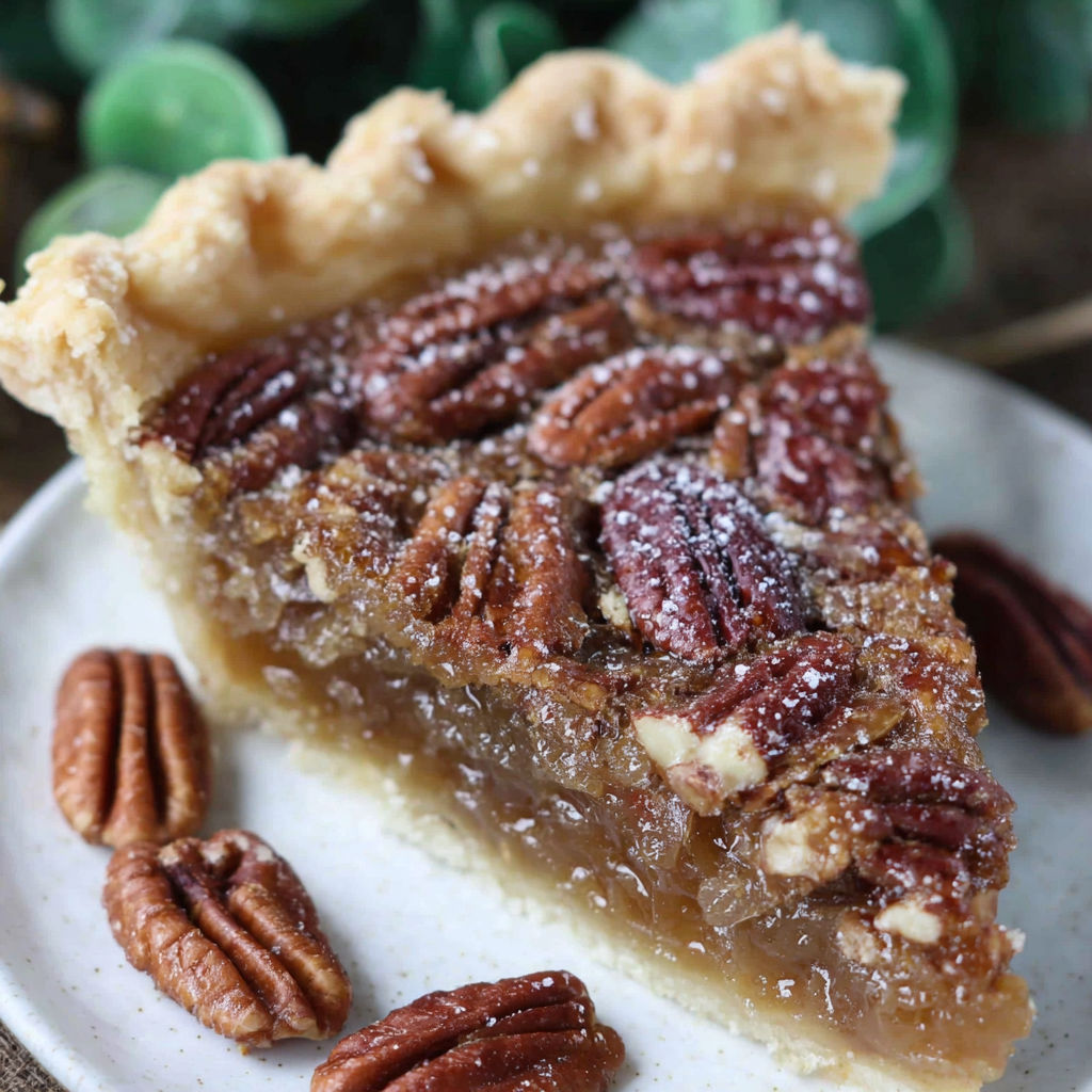 A slice of pecan pie on a plate.