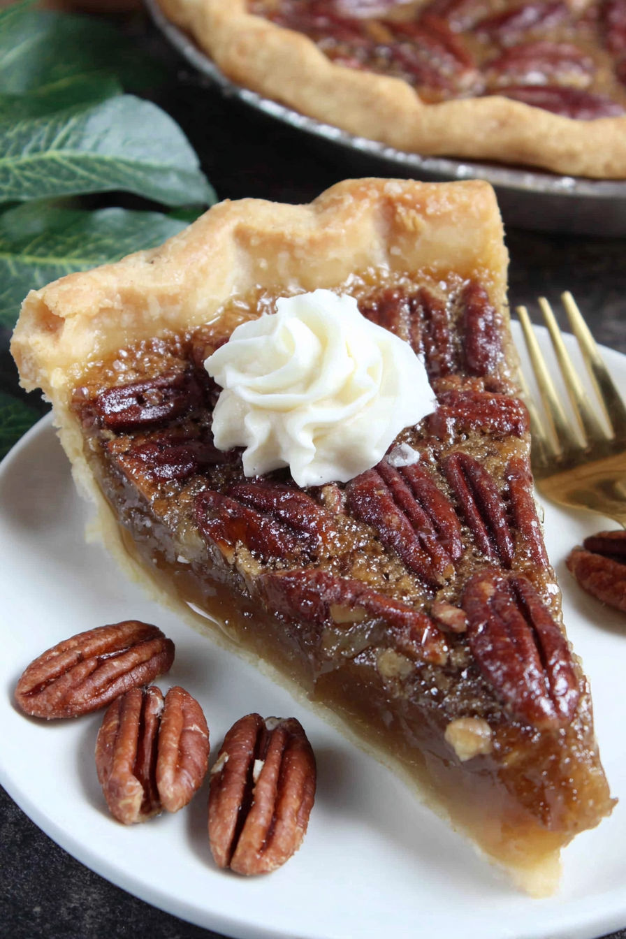 A slice of pecan pie with a dollop of whipped cream on top.