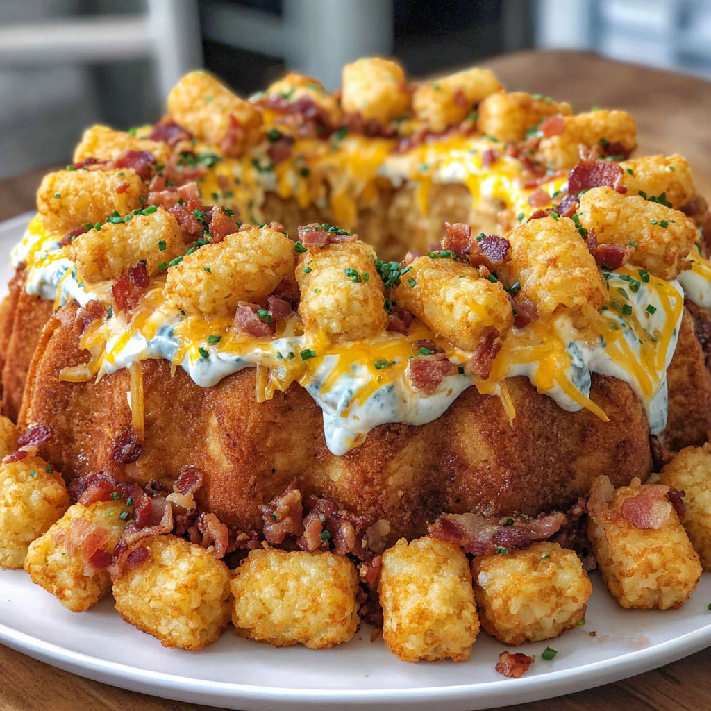 A bundt cake with bacon and cheese on top.