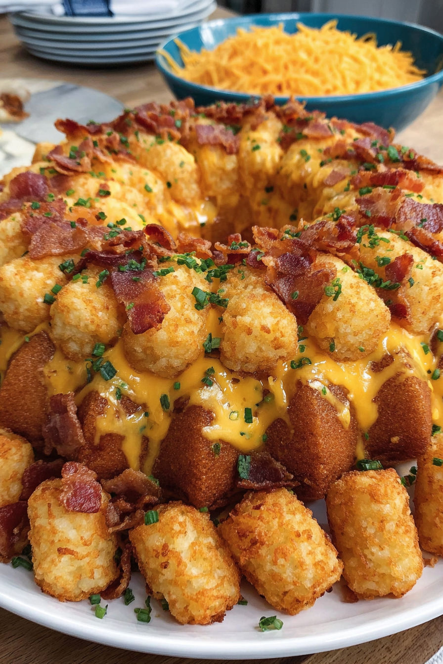 A crack breakfast bundt cake with bacon bits on top.