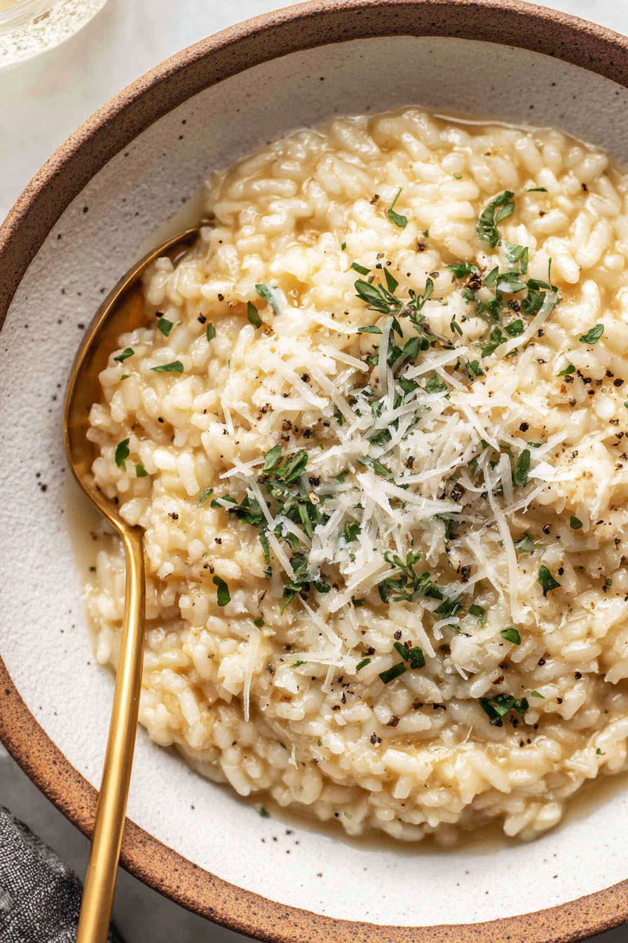 A bowl of rice with cheese and herbs.
