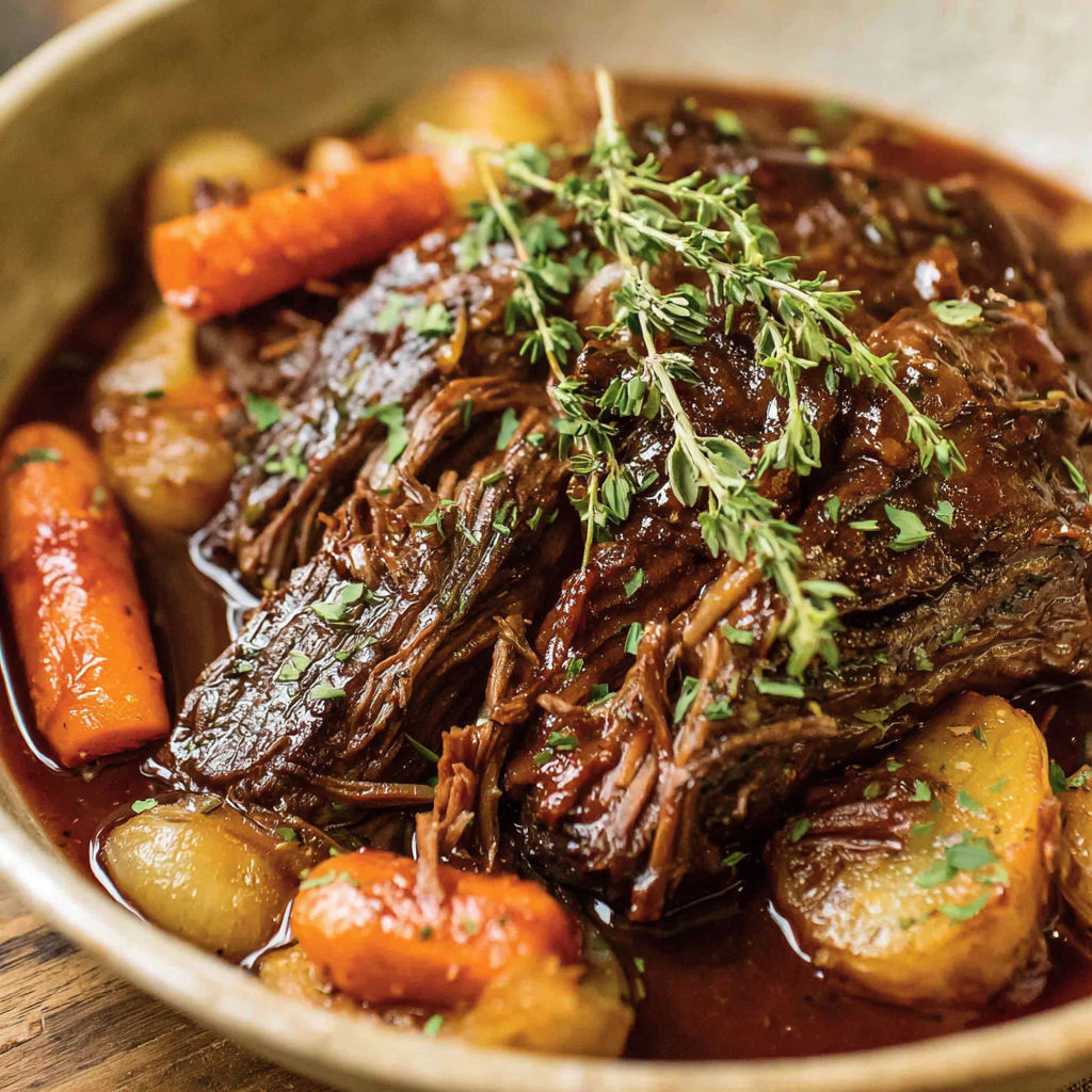 A pot roast with vegetables in a brown bowl.