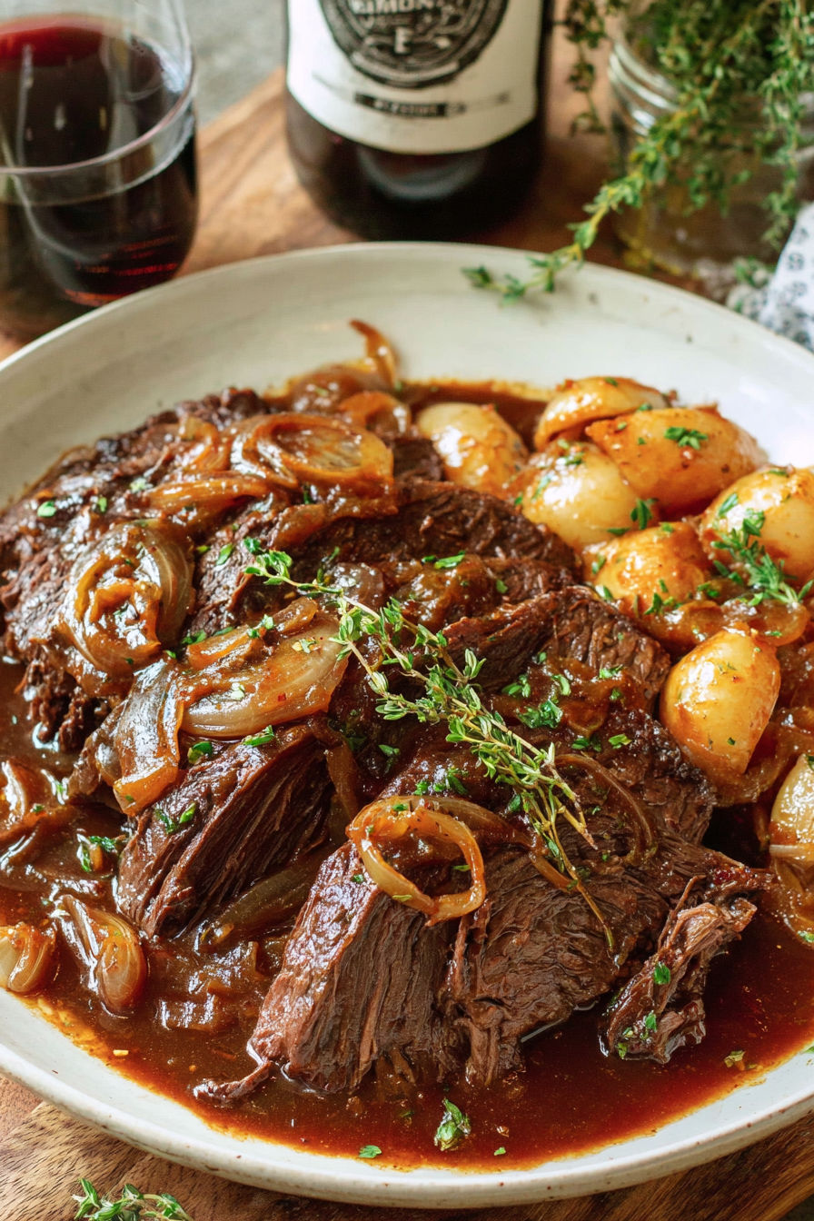 A delicious pot roast with onions and potatoes.