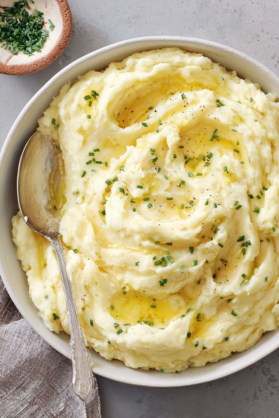 A bowl of mashed potatoes with green herbs on top.