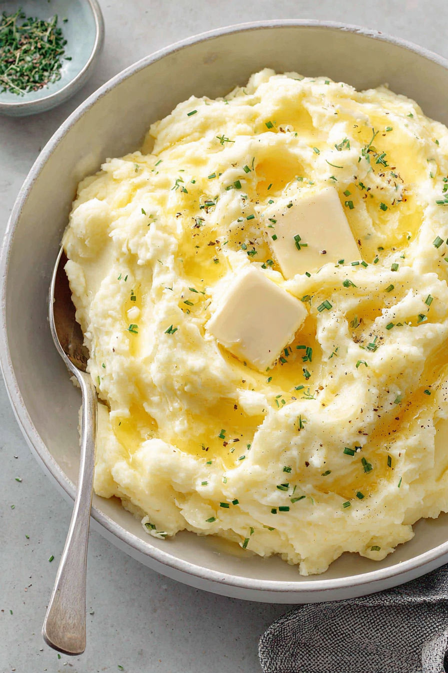 A bowl of mashed potatoes with butter and herbs.