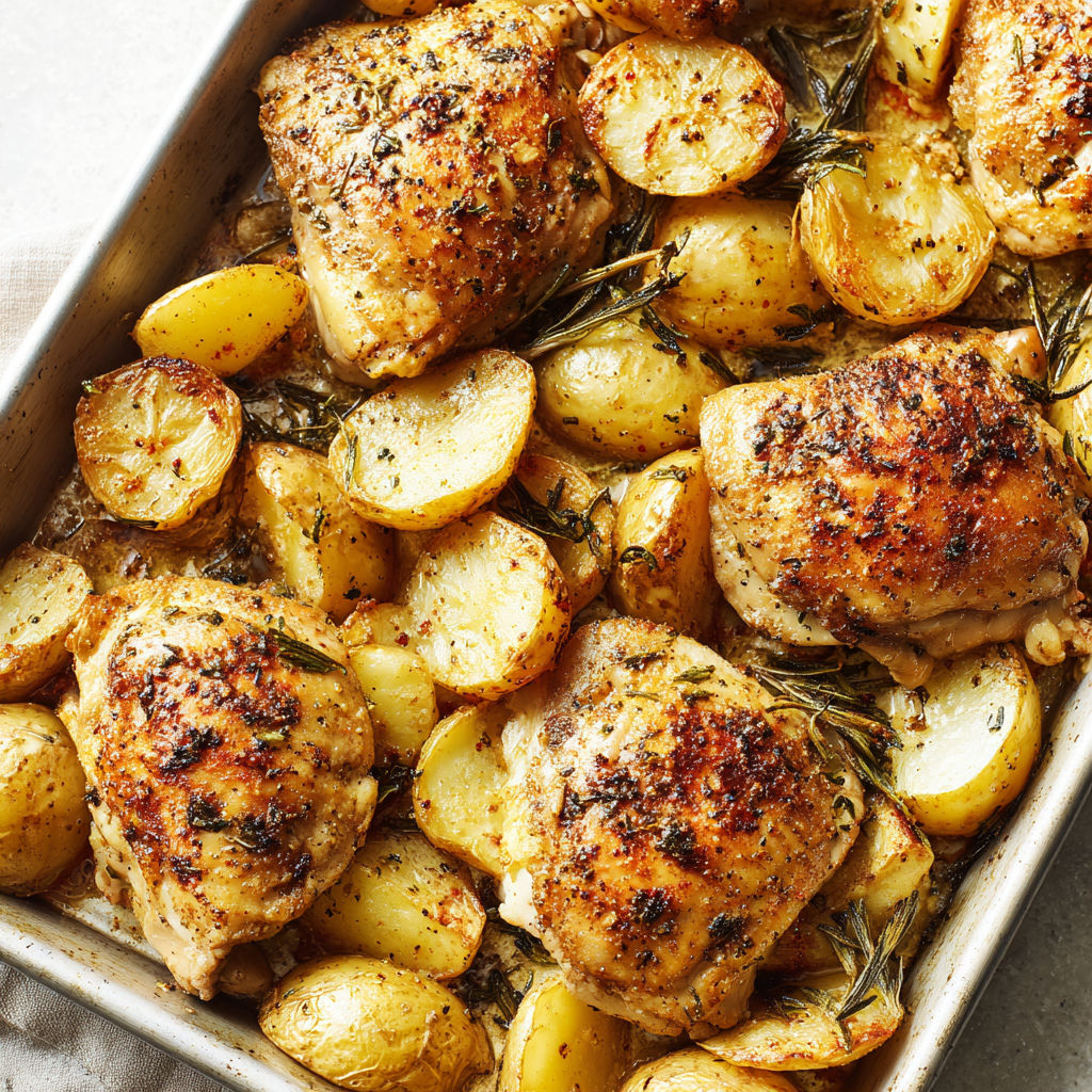 A pan of chicken and potatoes.