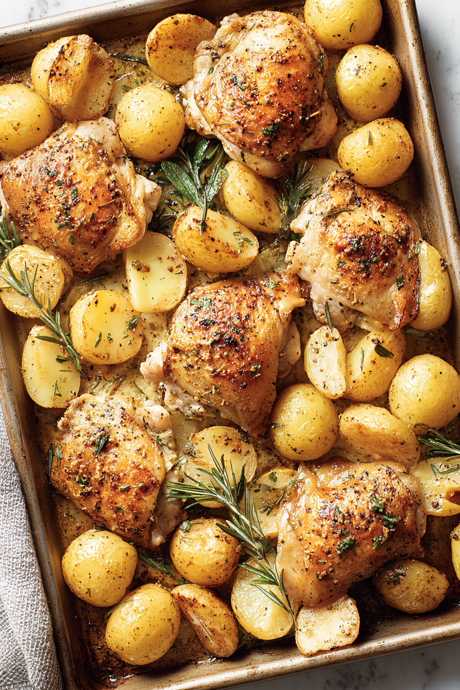 A pan of chicken and potatoes.