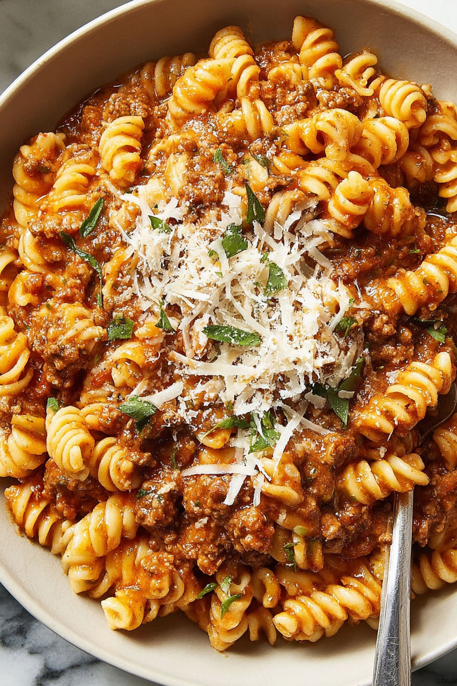 A bowl of pasta with meat and cheese.