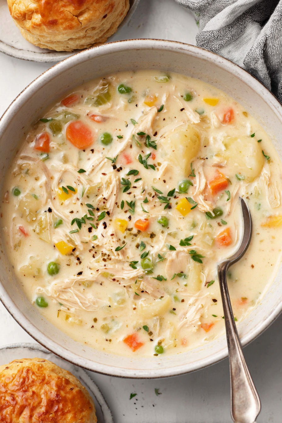 A bowl of chicken pot pie soup.