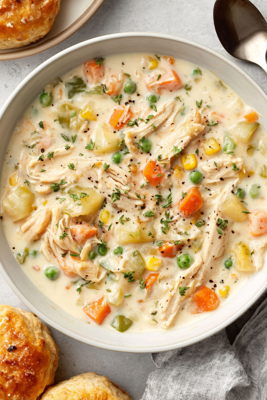 A bowl of chicken pot pie soup.