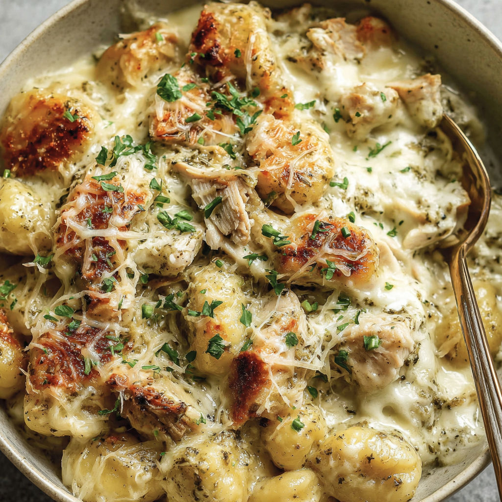 A bowl of pesto chicken gnocchi bake.