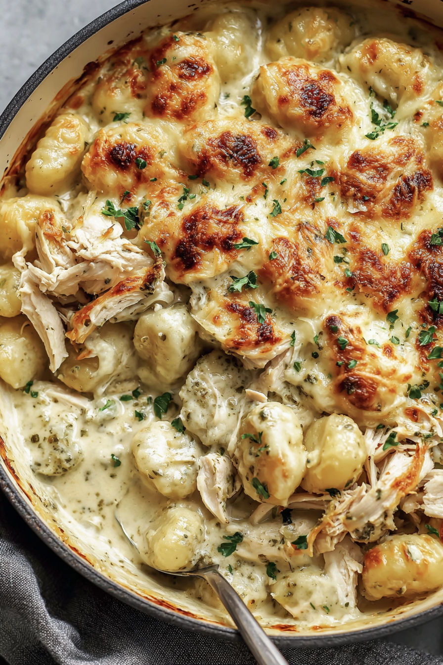 A delicious pesto chicken gnocchi bake.