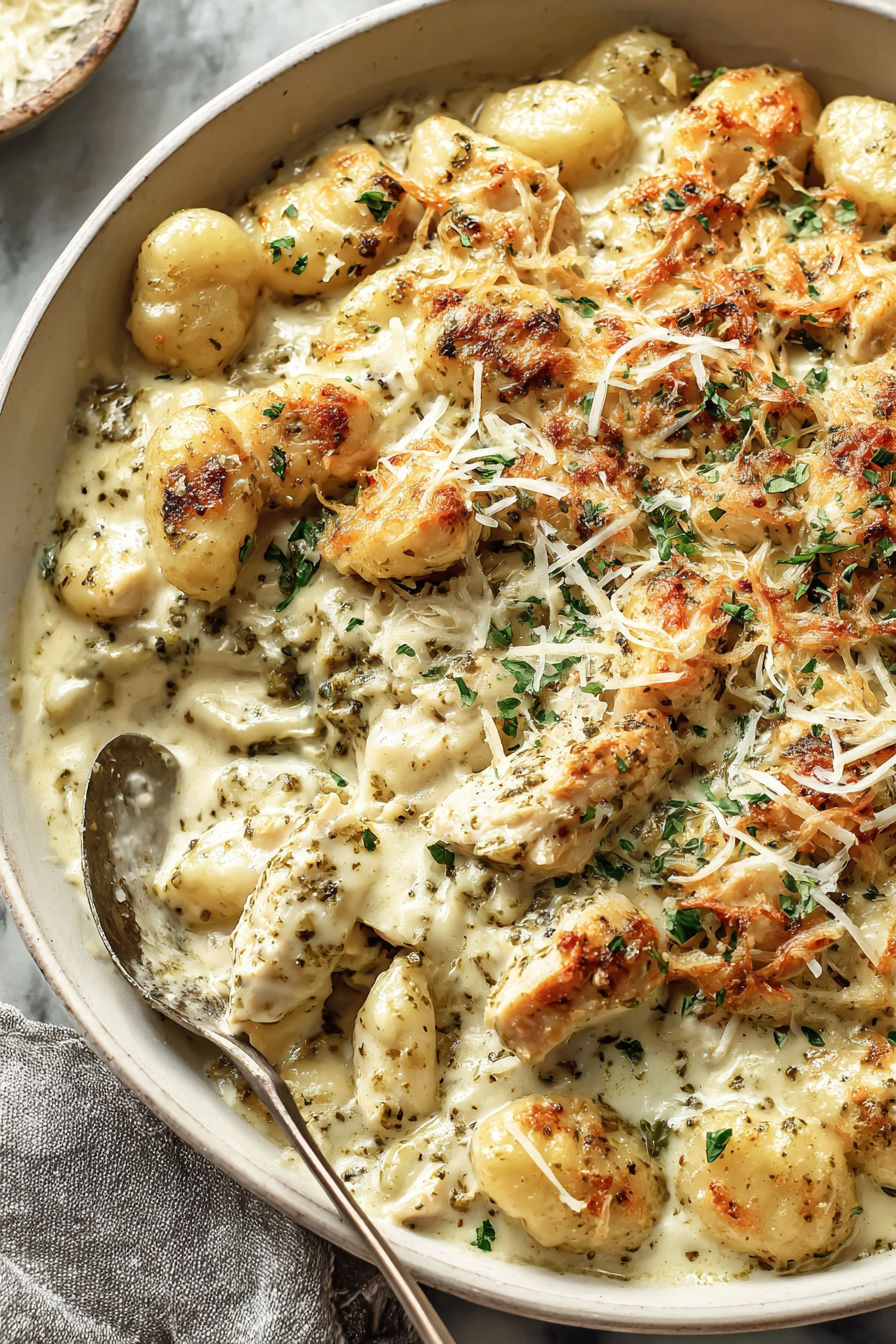 A dish of pesto chicken gnocchi bake.
