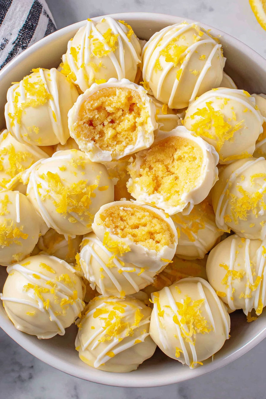A bowl of lemon cheesecake bites.