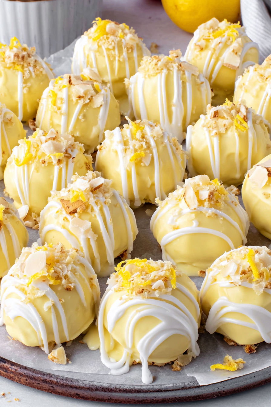 Lemon cheesecake bites on a tray.