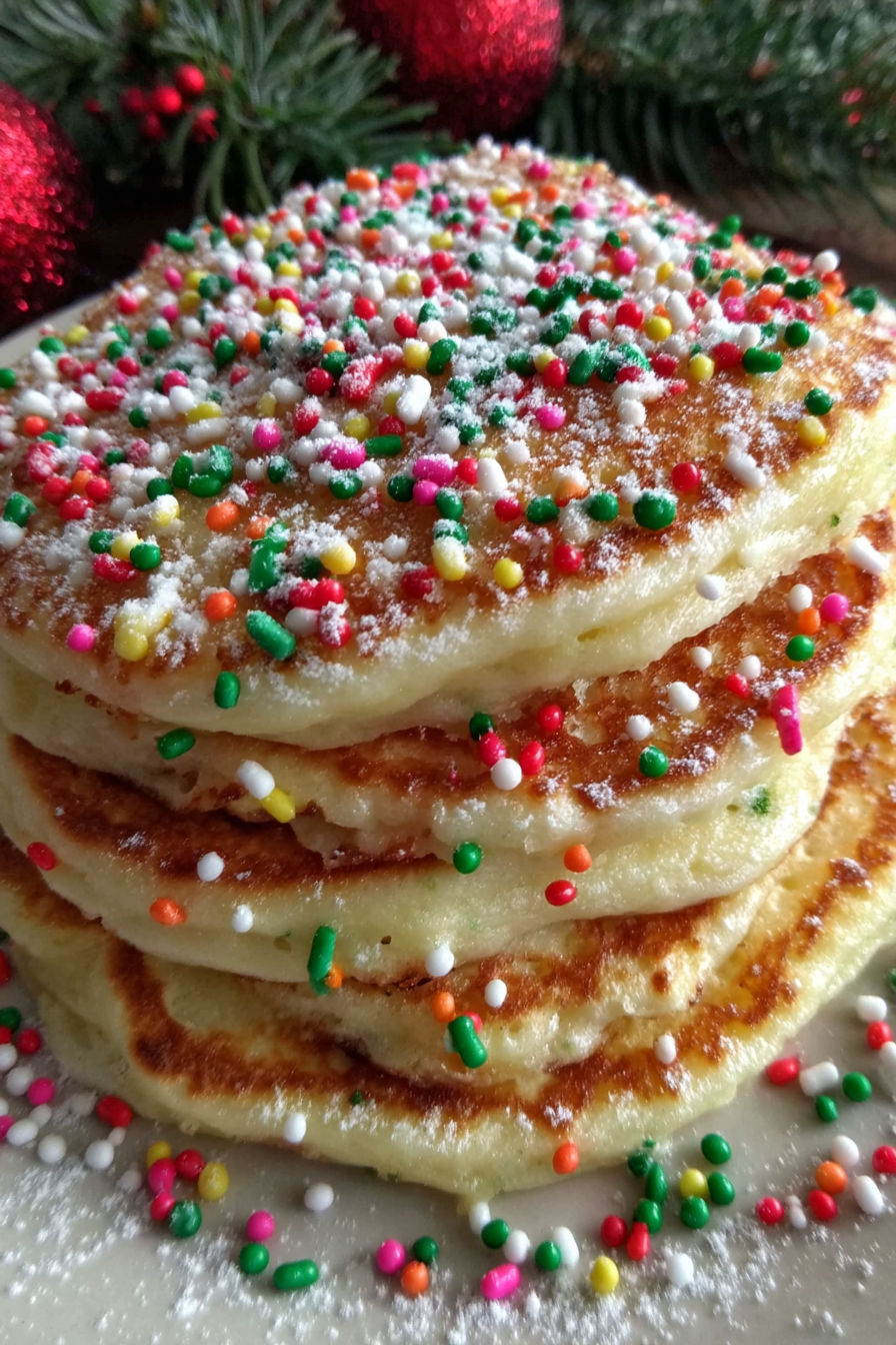 A stack of pancakes with sprinkles on top.
