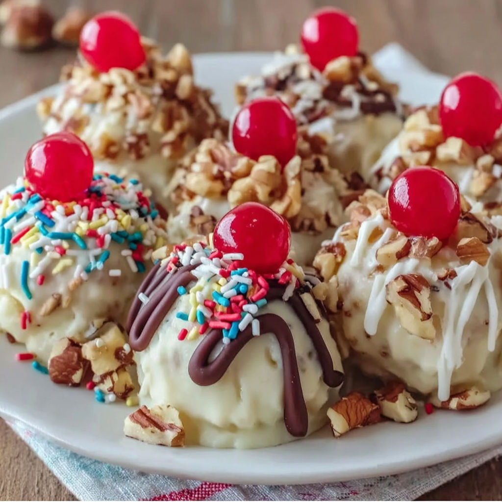 A plate of banana truffles with chocolate and nuts.