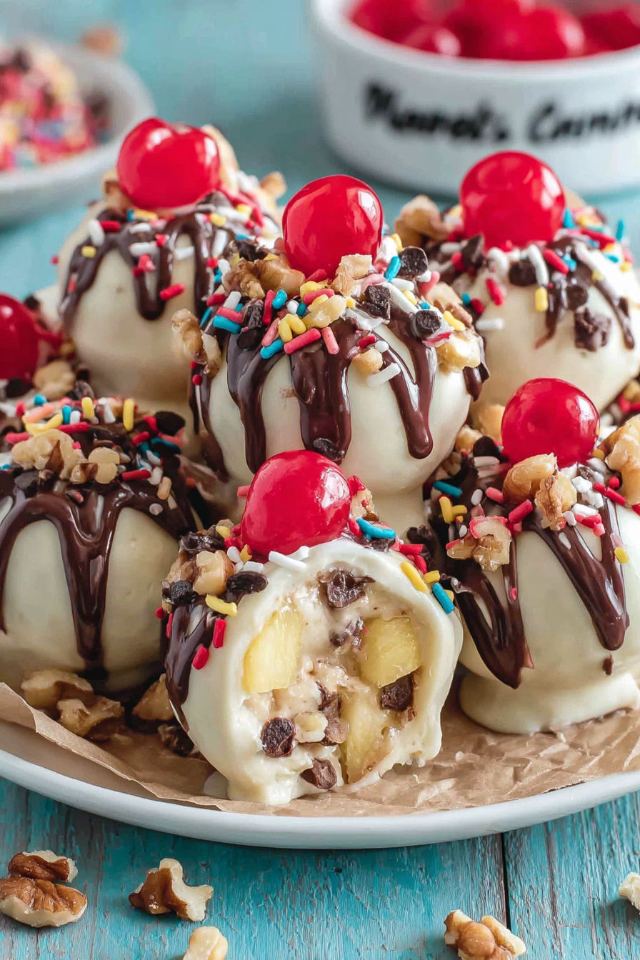 A plate of banana truffles with chocolate drizzle.