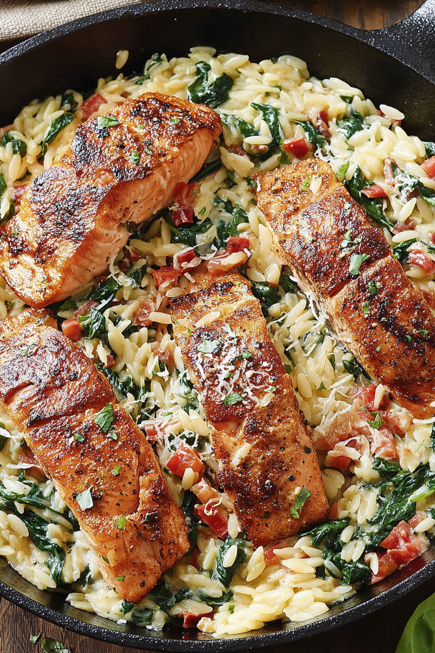 A dish of salmon and rice.