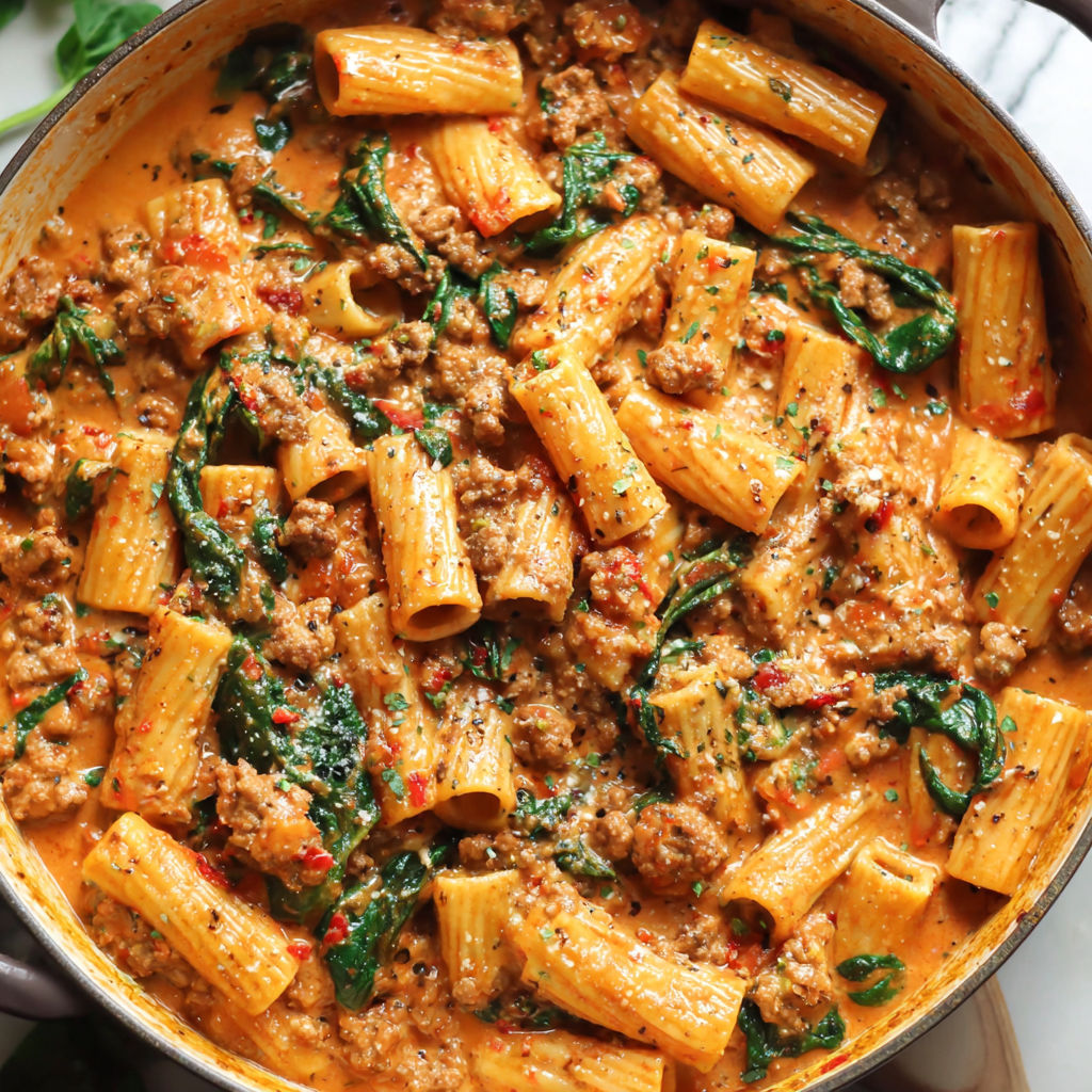 A pot of rigatoni with sausage and greens.