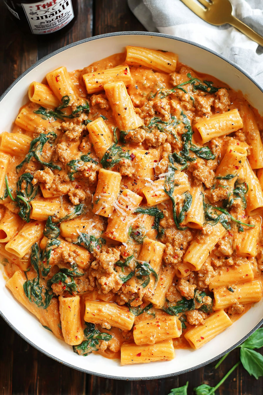A bowl of creamy sausage rigatoni.